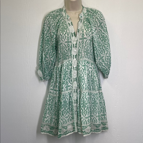Bell - Clara Green Floral Print  Boho Cotton Silk Button Down Dress Size Small - Picture 2 of 11